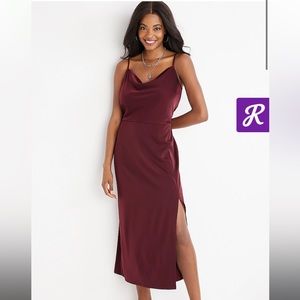 NWT Solid Cowl Neck Satin Midi Dress